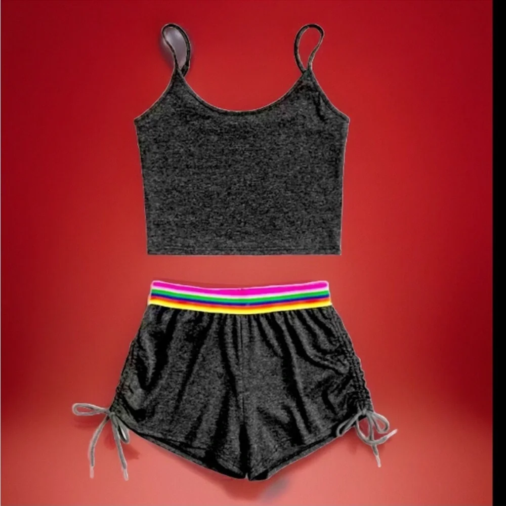 Crop Cami Style Top & Rainbow Lined Ruched Short Loungewear/Nightwear